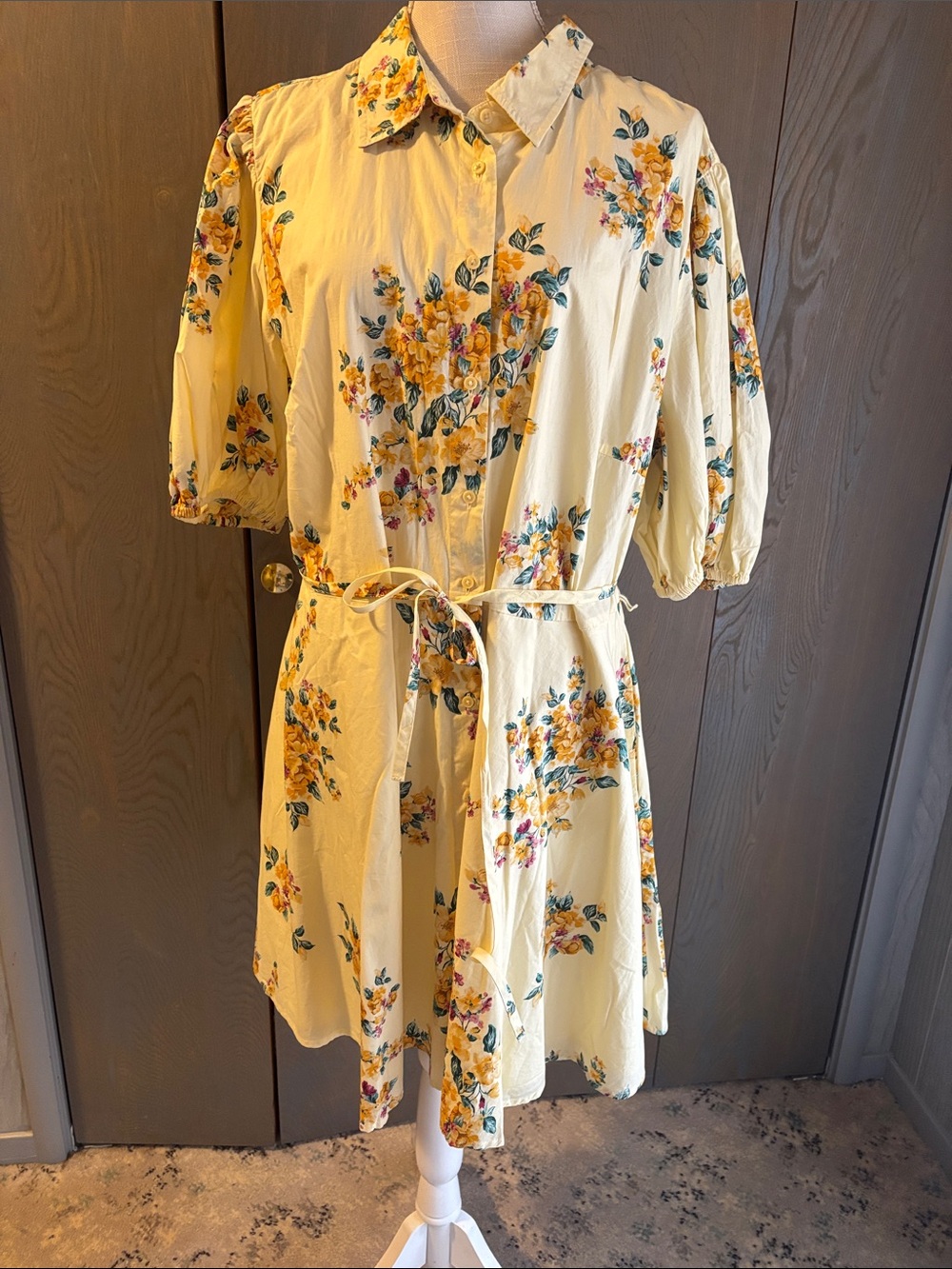 NWT Target A New Day Puff Sleeve Mini Shirt Dress Yellow Floral Cotton